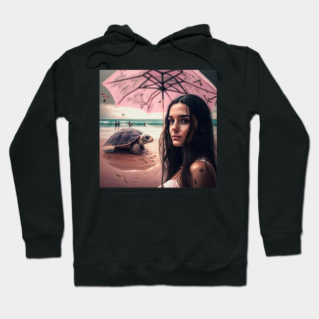 Beach Daydream - Woman with pink umbrella and a turtle in the beach. Hoodie by Stitch & Stride